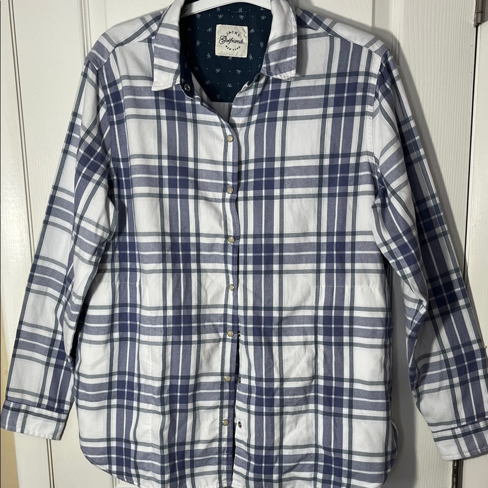 Jachs NewYork Girlfriend plaid flannel pearl snap shirt side pockets blue wht XL